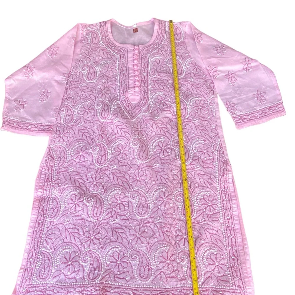 Chikankari Hand-Embroidered Straight Pink Kurti Tunic size 42, US L. NEW - Picture 13 of 16